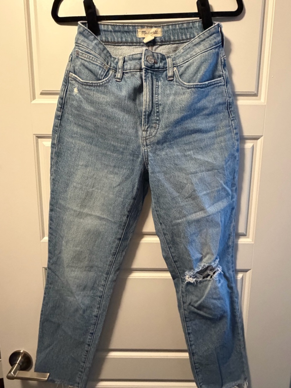 Madewell Light Wash High-Rise Straight Jeans with Knee Rip